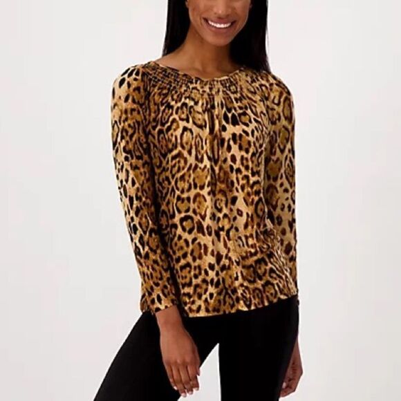 Susan Graver Printed Liquid Knit Long Sleeve Top with Smocked Neck - Picture 1 of 5